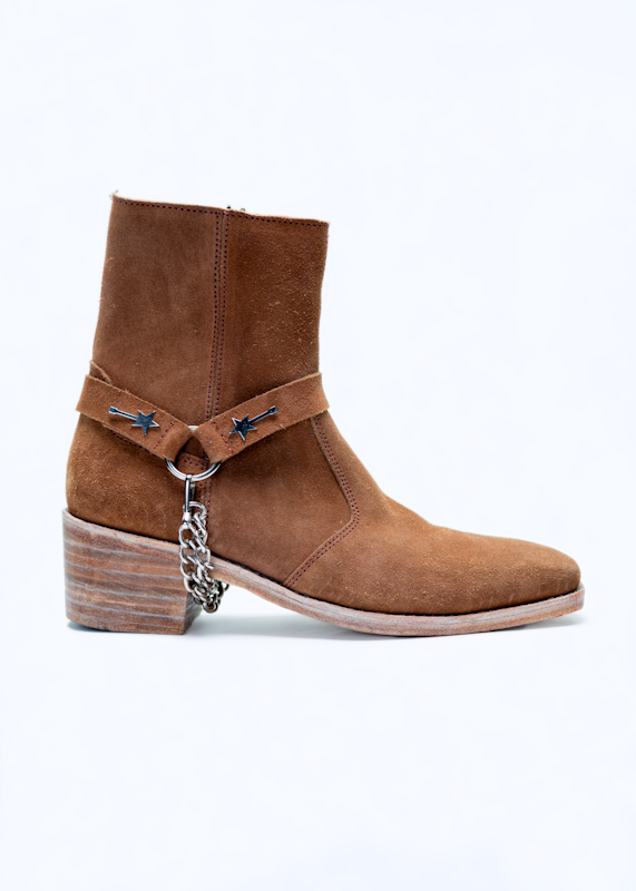 ROCKSTAR CHAIN HARNESS BOOTS TAN SUEDE